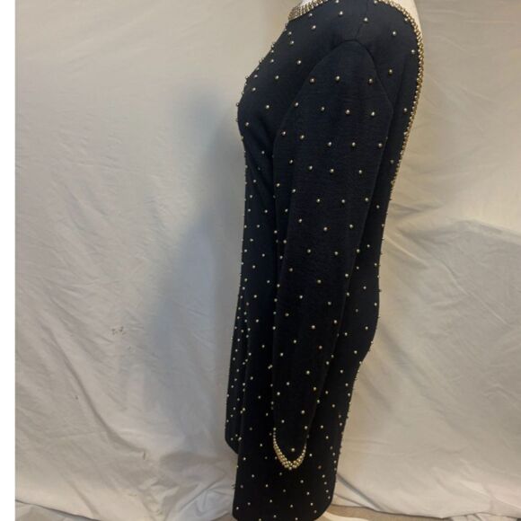 Vintage Et Al Beaded Wool Open V Back Black Dress Long Sleeve Uptown Gold - Picture 6 of 9